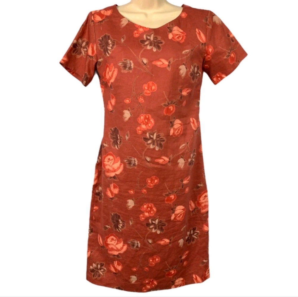 Coldwater Creek Muted Orange Floral Linen Shift Dress Short Sleeves Size 12P